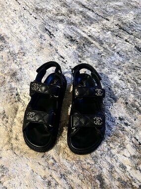 Women’s Black Quilted Leather Dad Double-Strap Sandals with Gold hardware